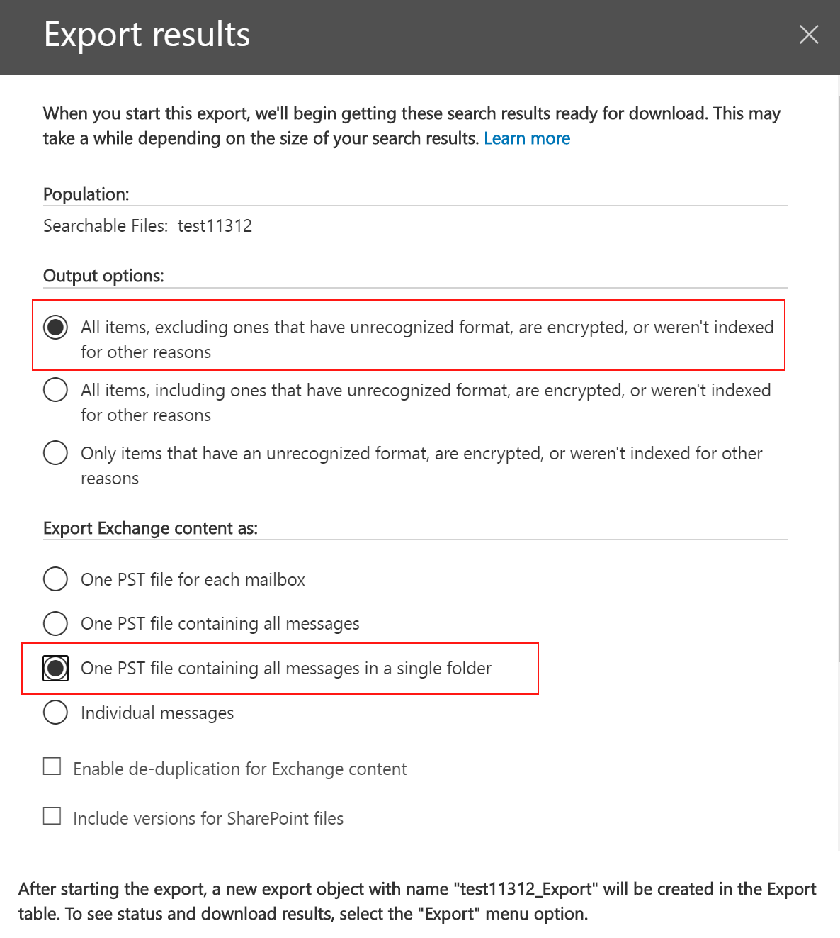 eDiscovery Export results