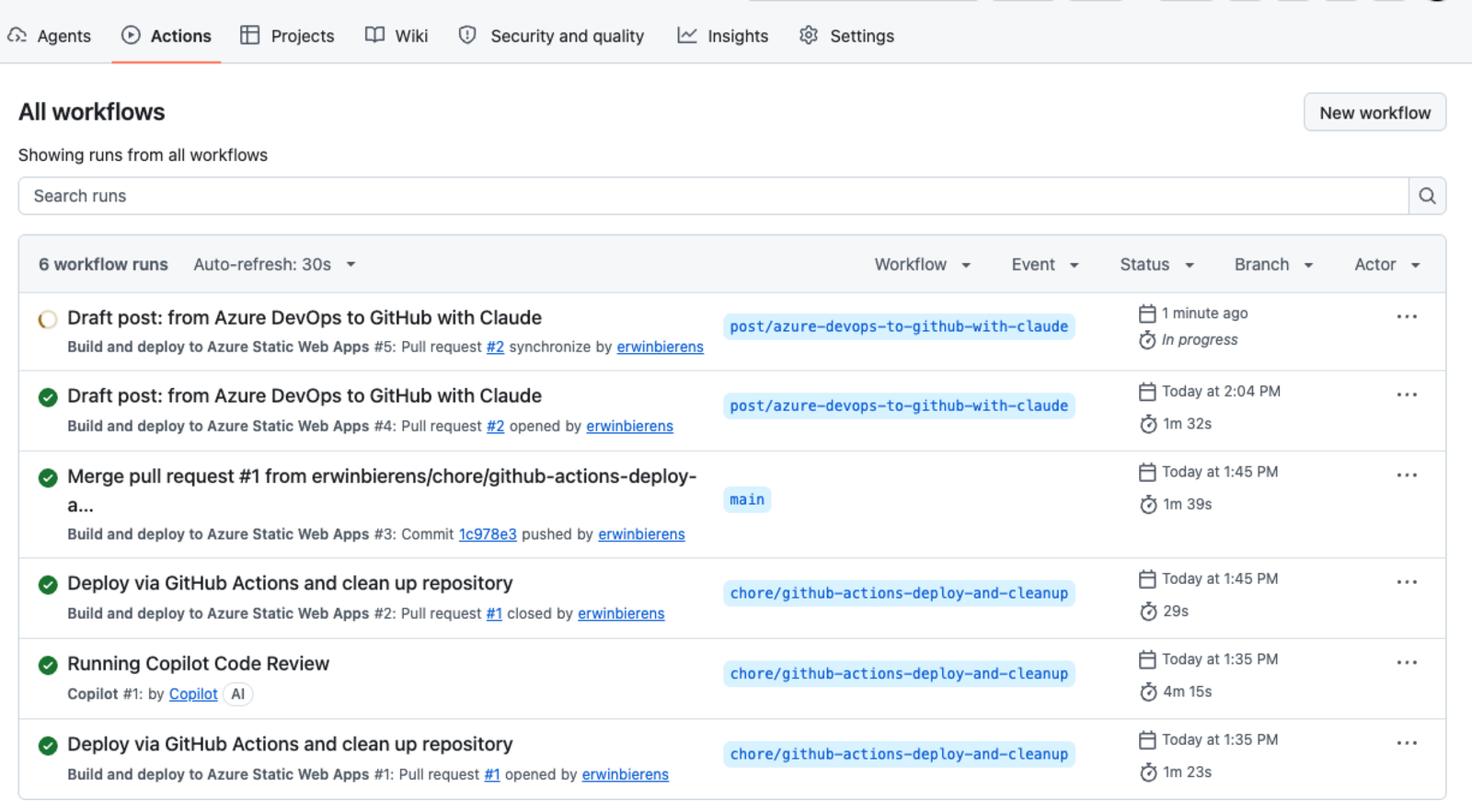 GitHub Actions runs: pull request previews and the first production deployment from main
