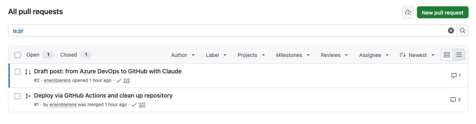 The pull requests created by Claude: the cleanup and deployment change, and the draft of this post